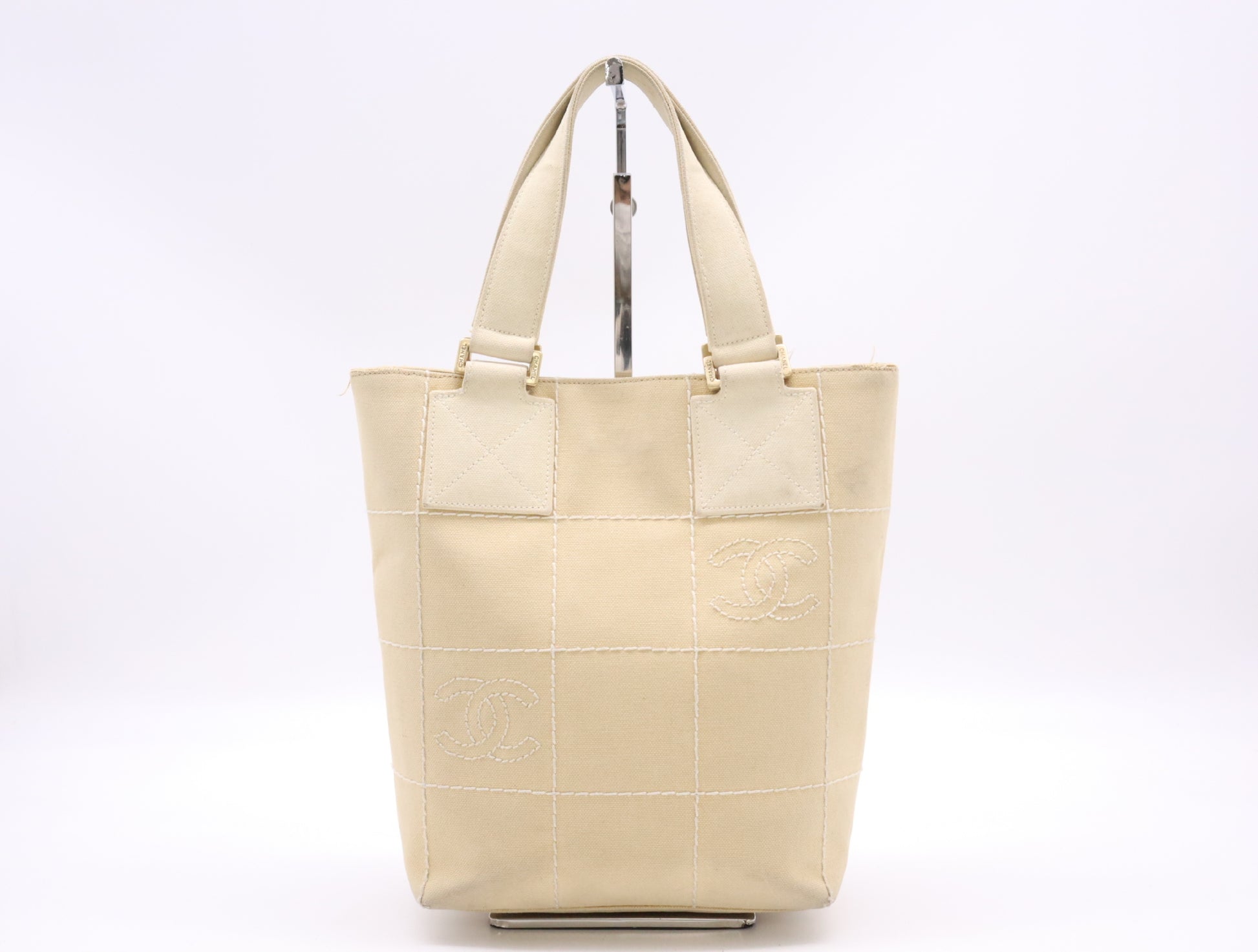 CHANEL Canvas Chocolate Bar Stitched Coco Mark Handbag, Beige, GD Hardware, Seal, 8243423 Handbag