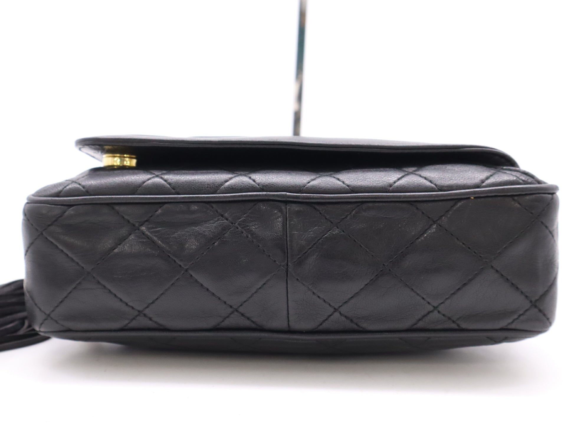 CHANEL Lambskin Matelasse 22 Shoulder Bag with Fringe, Tassel, and GD Hardware, Black Seal, 1563828