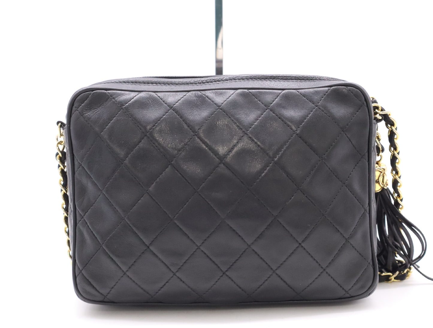 CHANEL Lambskin Matelasse 22 Shoulder Bag with Fringe, Tassel, and GD Hardware, Black Seal, 1563828