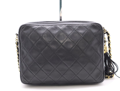 CHANEL Lambskin Matelasse 22 Shoulder Bag with Fringe, Tassel, and GD Hardware, Black Seal, 1563828