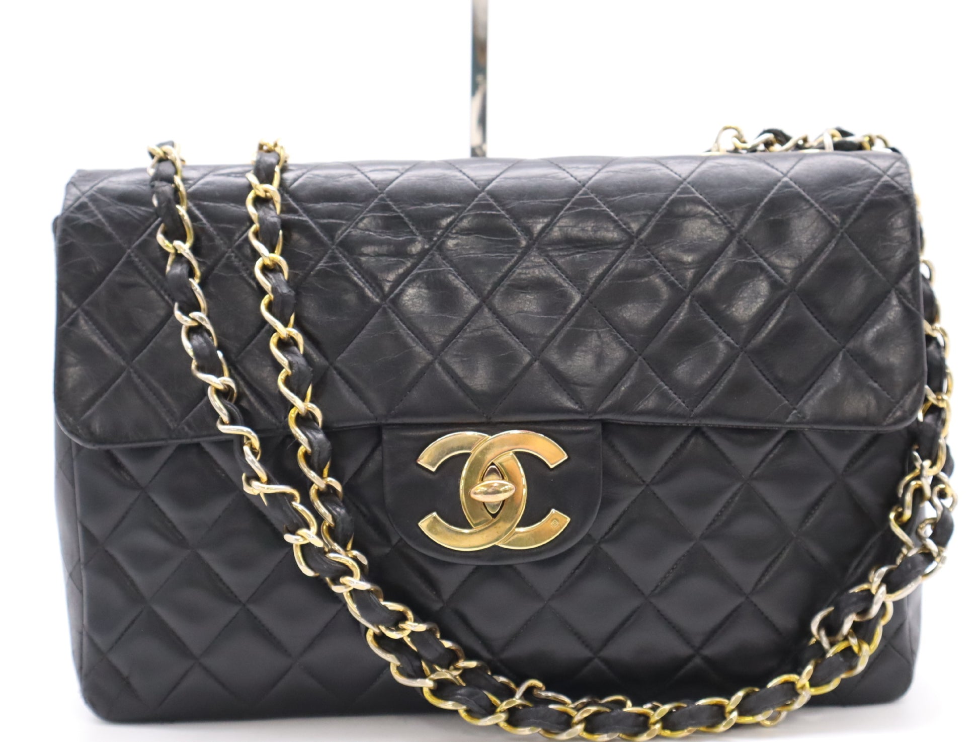 CHANEL Lambskin Deca Matelasse 34 S Flap Double Chain Turn Lock Gold Hardware Black Shoulder Bag