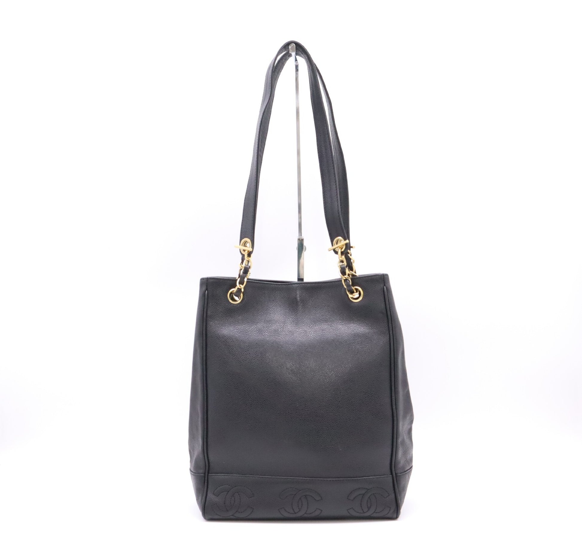 CHANEL Caviar Skin Triple Coco Chain Tote Bag with GD Hardware, Black