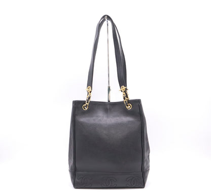 CHANEL Caviar Skin Triple Coco Chain Tote Bag with GD Hardware, Black