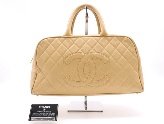 CHANEL Caviar Skin Matelasse Coco Mark Bowling Bag Handbag Beige GD Hardware Card Holder Sticker 8163900 Handbag