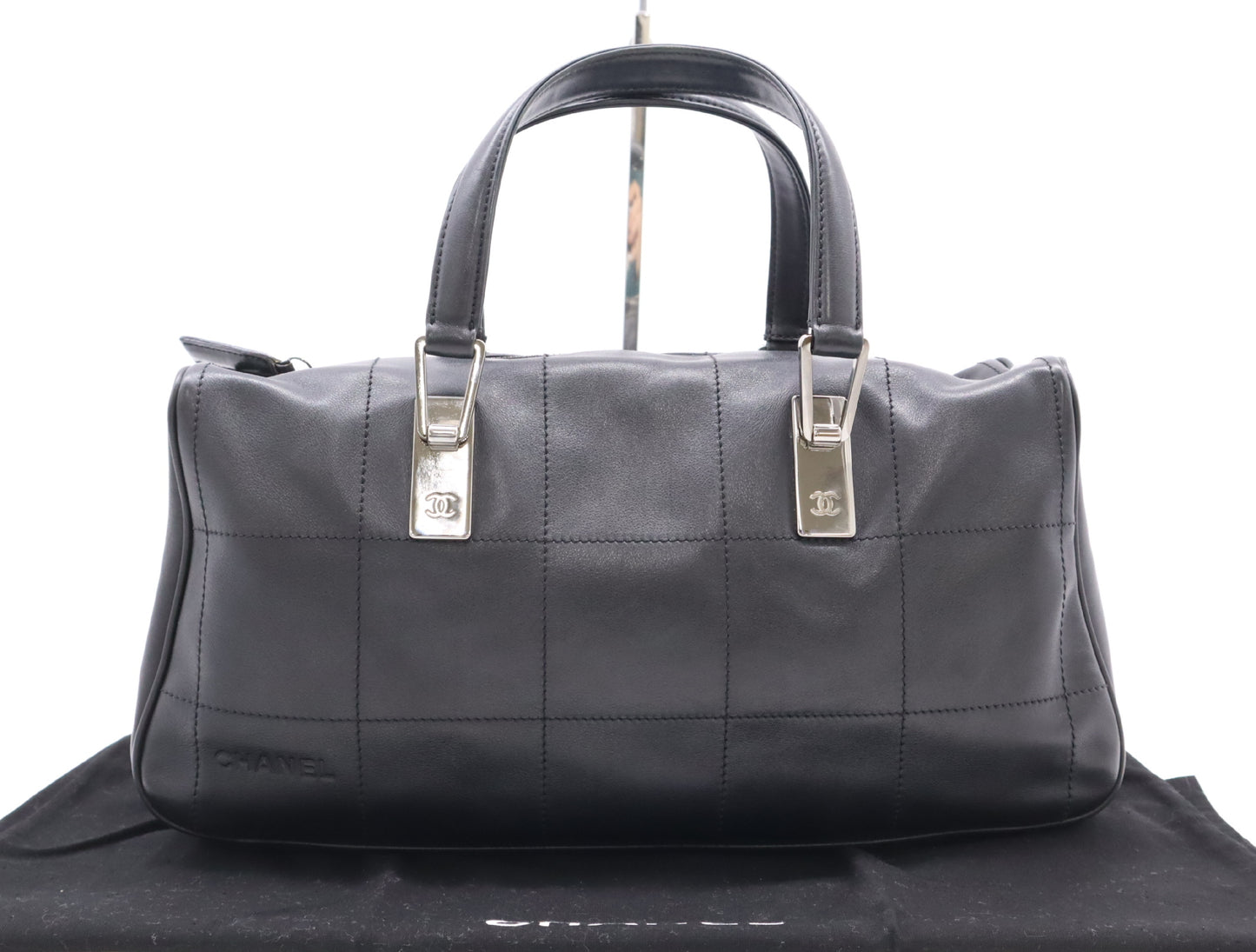 CHANEL Leather Chocolate Bar Mini Boston Bag, Black, with Sterling Silver Hardware and Dust Bag