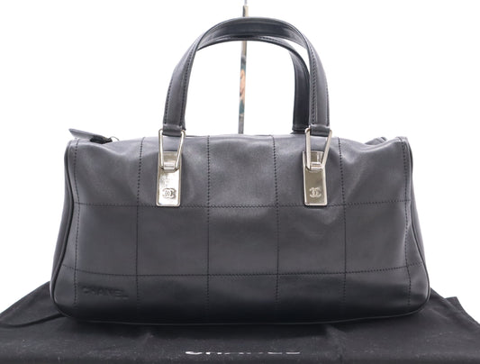 CHANEL Leather Chocolate Bar Mini Boston Bag, Black, with Sterling Silver Hardware and Dust Bag