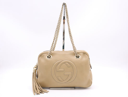 GUCCI 308983 Leather Soho Fringe Chain Shoulder Bag Beige