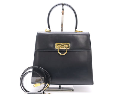 Salvatore Ferragamo Leather Gancini 2-way Shoulder Bag in Black with GD Hardware