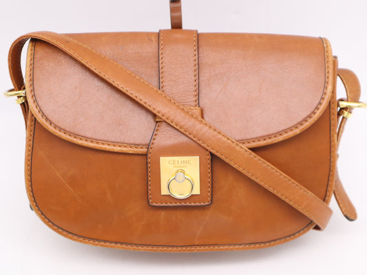CELINE Brown Leather Shoulder Bag with Gancini GD Hardware