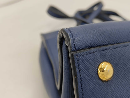 PRADA BN2603 Saffiano 2-Way Bag, Blue, Gold Hardware, Shoulder Strap, and Guarantee Card Included.