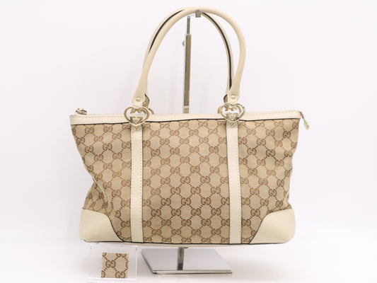 GUCCI 257069 Canvas/Leather Lovely Tote Bag Beige White Tote Bag