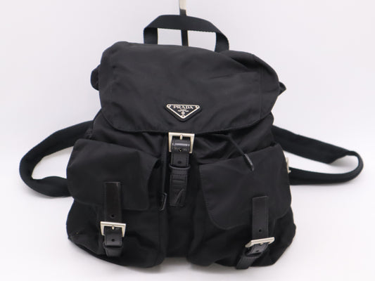 PRADA Nylon Triangle Logo Backpack in Black with Silver Hardware
