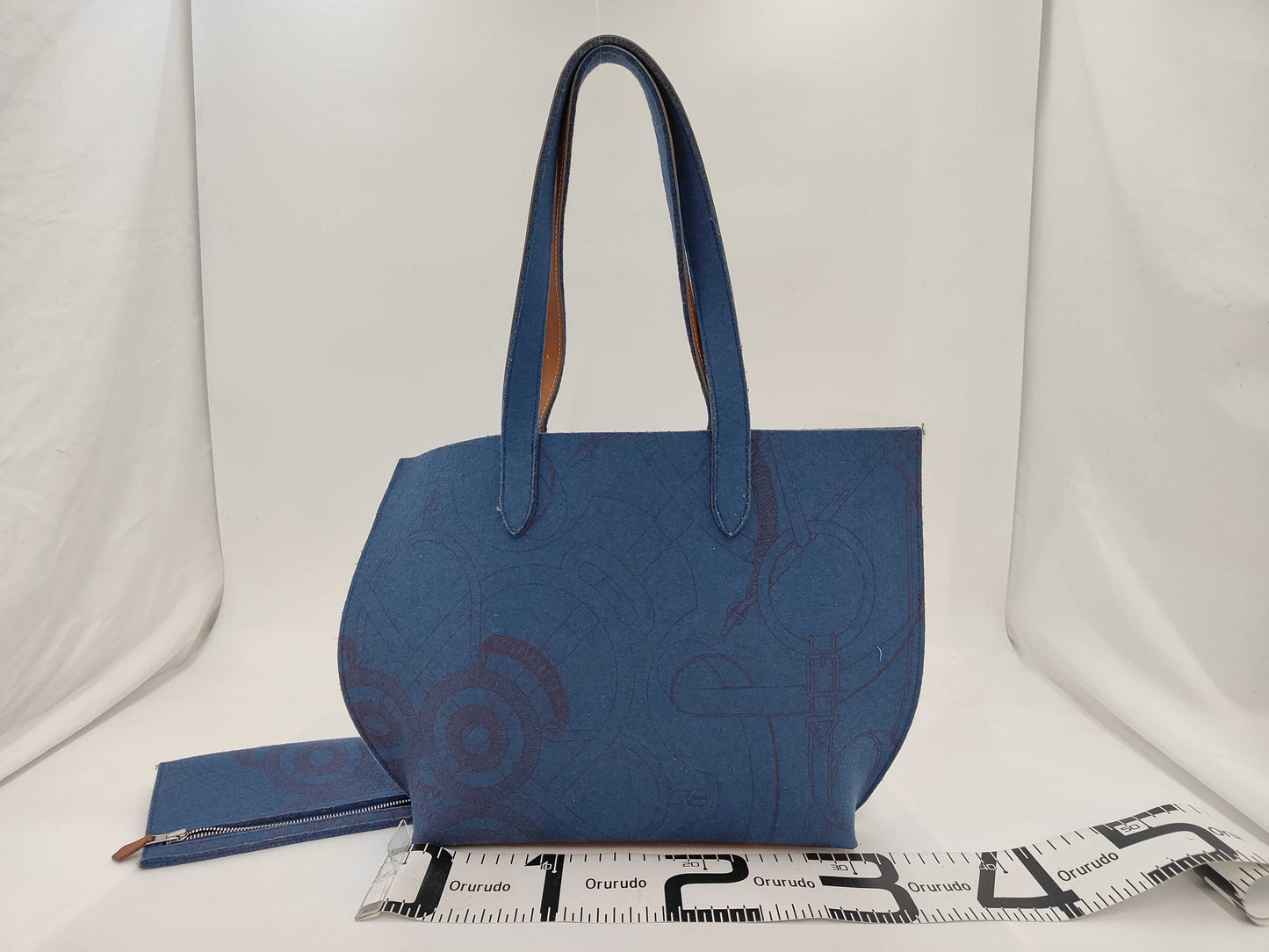 HERMES Sac Carimi MM Tote Bag with Pouch, Felt and Leather, Navy Brown