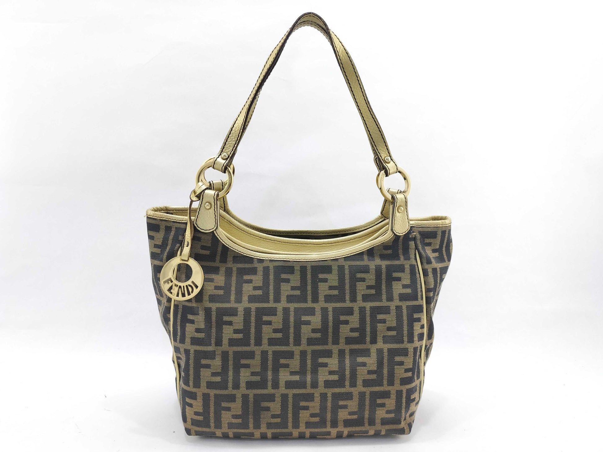 FENDI Zucca print gold leather canvas tote bag