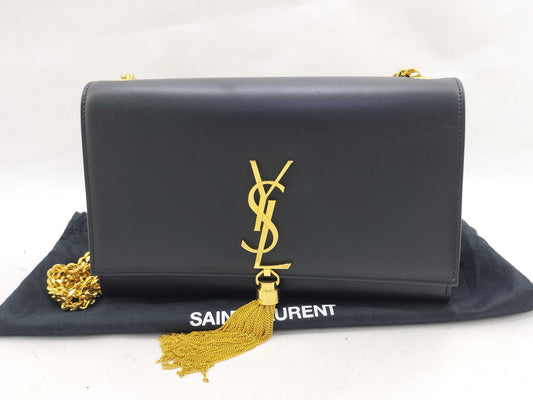 SAINT LAURENT calf leather fringe gold black shoulder bag
