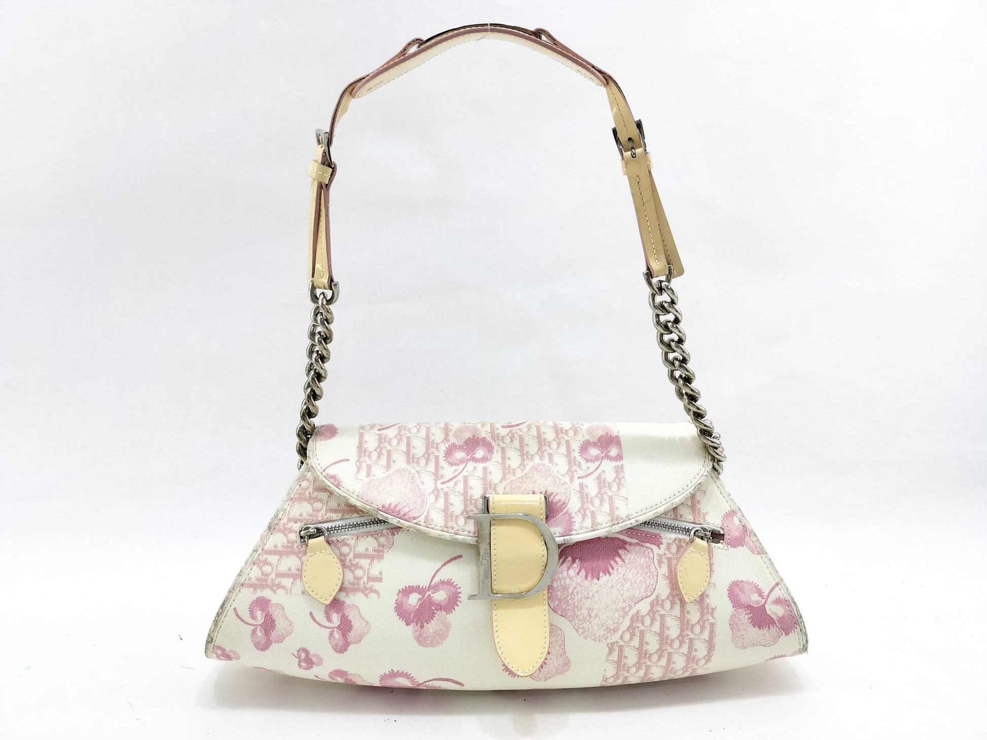 Dior Trotter Chain Shoulder Bag with Floral Print in Beige and Pink Canvas