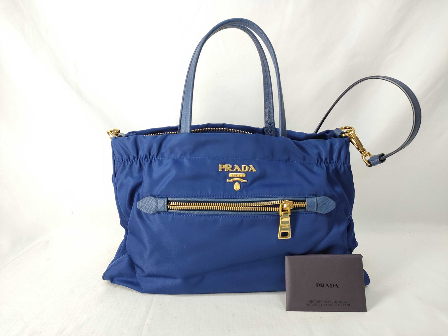 PRADA Prada Logo Testo Nylon/Saffiano Leather Handbag in Blue