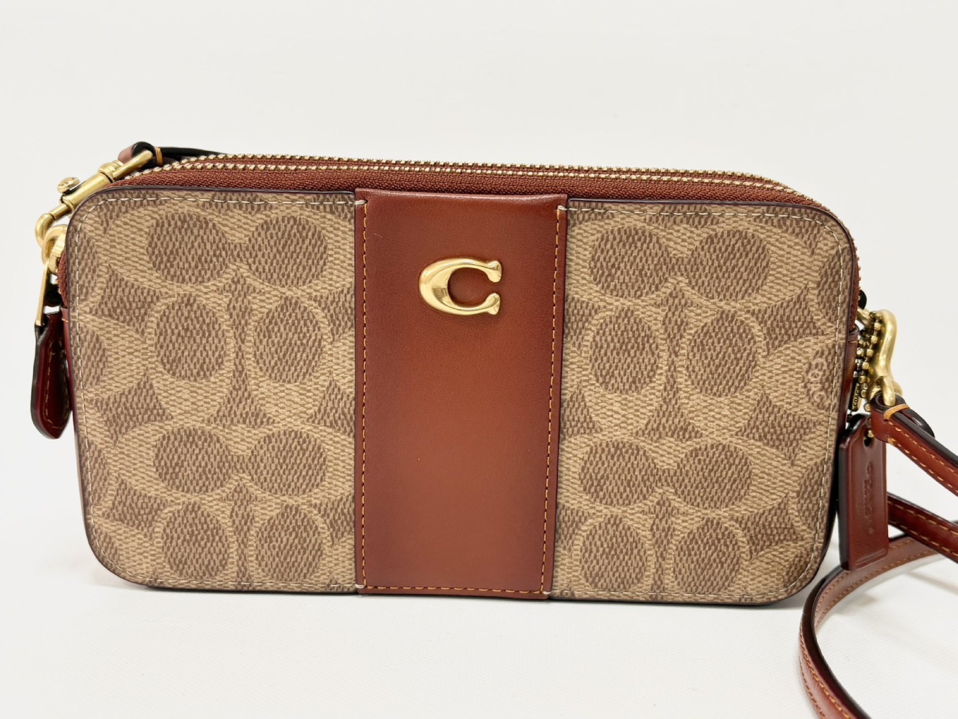 COACH Kira Crossbody Colorblock Signature B2323-CH797 Coated Canvas and Calf Leather Clutch Pouch Brown and Beige Shoulder Bag