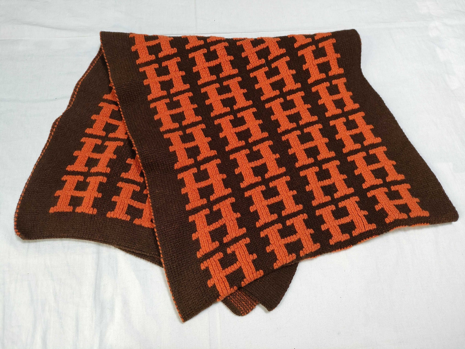 HERMES Margiela-era H-print scarf in brown and orange