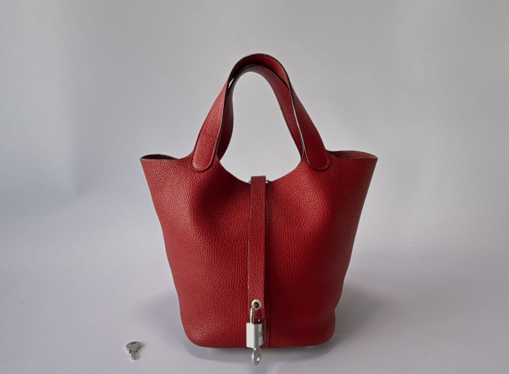HERMES Picotin Lock PM Handbag, Taurillon, Red, Silver Hardware, A Stamp