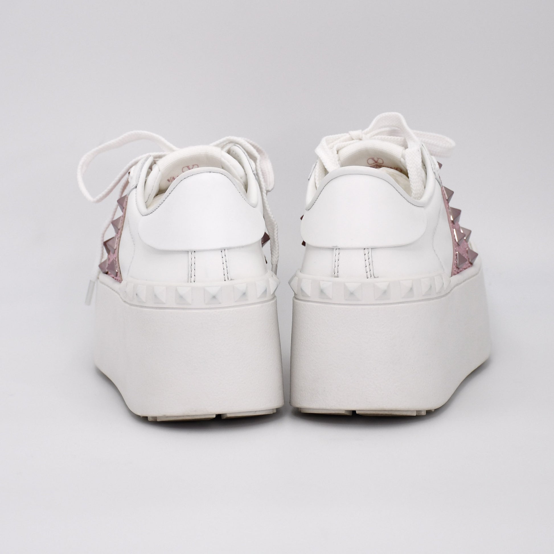 VALENTINO Valentino Garavani Rockstud Leather and Suede Sneakers, Size 34, Women's, White and Pink, S3GG8W0, Rhinestones, Replacement Laces Included