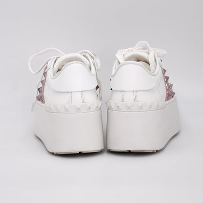 VALENTINO Valentino Garavani Rockstud Leather and Suede Sneakers, Size 34, Women's, White and Pink, S3GG8W0, Rhinestones, Replacement Laces Included