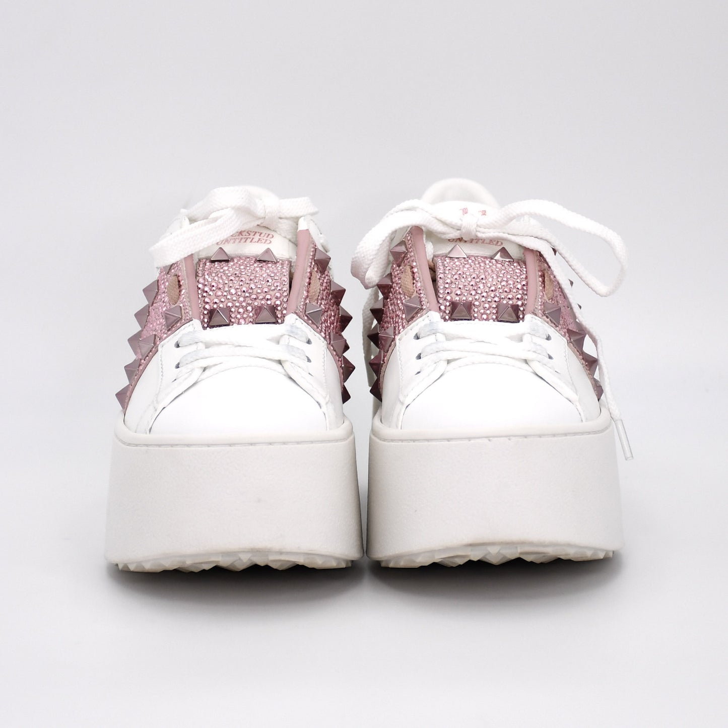 VALENTINO Valentino Garavani Rockstud Leather and Suede Sneakers, Size 34, Women's, White and Pink, S3GG8W0, Rhinestones, Replacement Laces Included