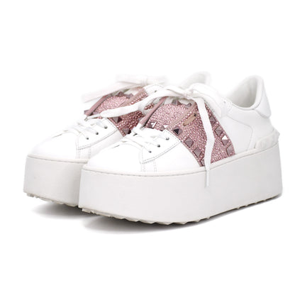 VALENTINO Valentino Garavani Rockstud Leather and Suede Sneakers, Size 34, Women's, White and Pink, S3GG8W0, Rhinestones, Replacement Laces Included
