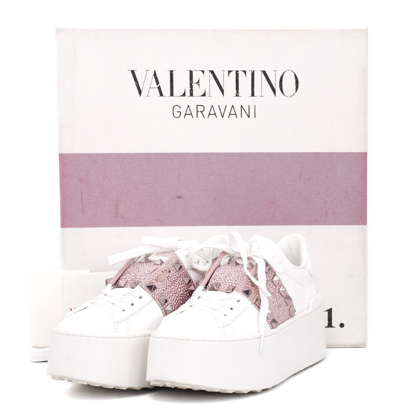 VALENTINO Valentino Garavani Rockstud Leather and Suede Sneakers, Size 34, Women's, White and Pink, S3GG8W0, Rhinestones, Replacement Laces Included