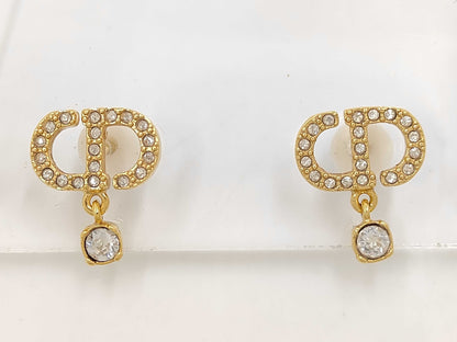 Dior Christian Dior Earrings, Rhinestone Gold, CD Logo Earrings