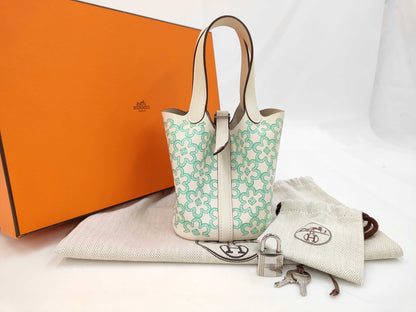 HERMES Picotin Lock Micro Lucky Daisy Swift Nata Vert Handbag with Silver Hardware and U Stamp