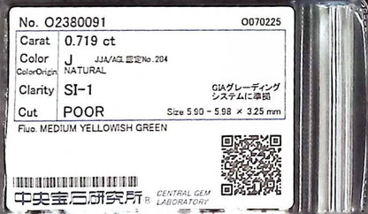 0.719ct J SI-1 POOR/GD/PR MEDIUM YELLOWISH GREEN NATURAL 5.90-5.98X3.25mm Loose Diamond