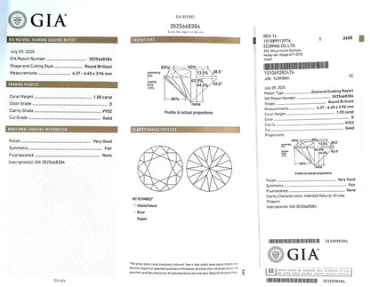 1.00ct D VVS-2 GOOD/VG/FR NONE NATURAL 6.37-6.40X3.96mm GIA Diamond Loose