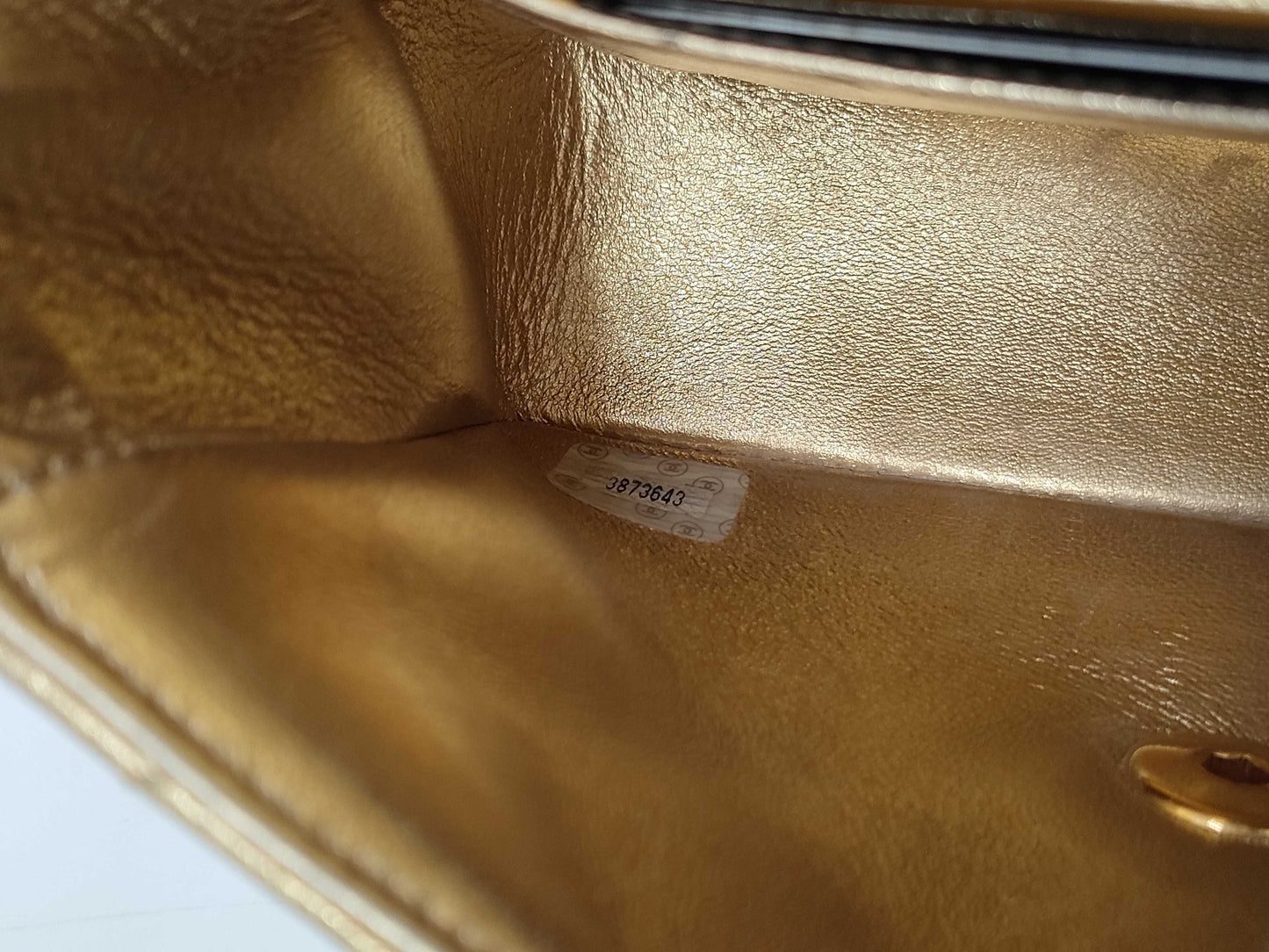 CHANEL Gold Metallic Minimato Handbag, No. 3, Corner and Surface Scratches