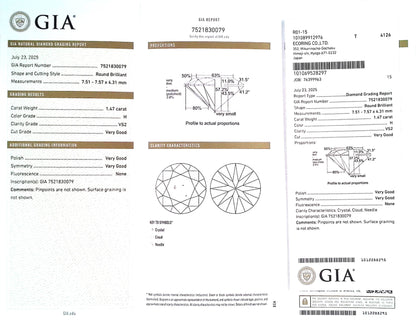 1.47ct H VS-2 Very Good/VG/VG None Natural 7.51-7.57 x 4.31mm GIA Diamond Loose