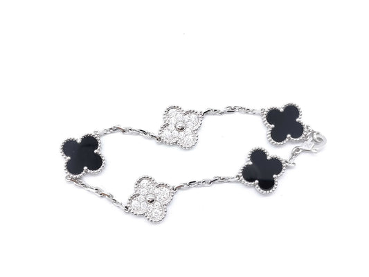 Van Cleef & Arpels Vintage Alhambra 5-Piece Onyx and Diamond Bracelet in Gold and White Gold , 12.8g