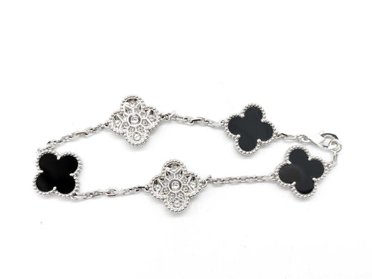 Van Cleef & Arpels Vintage Alhambra 5-Piece Onyx and Diamond Bracelet in Gold and White Gold , 12.8g