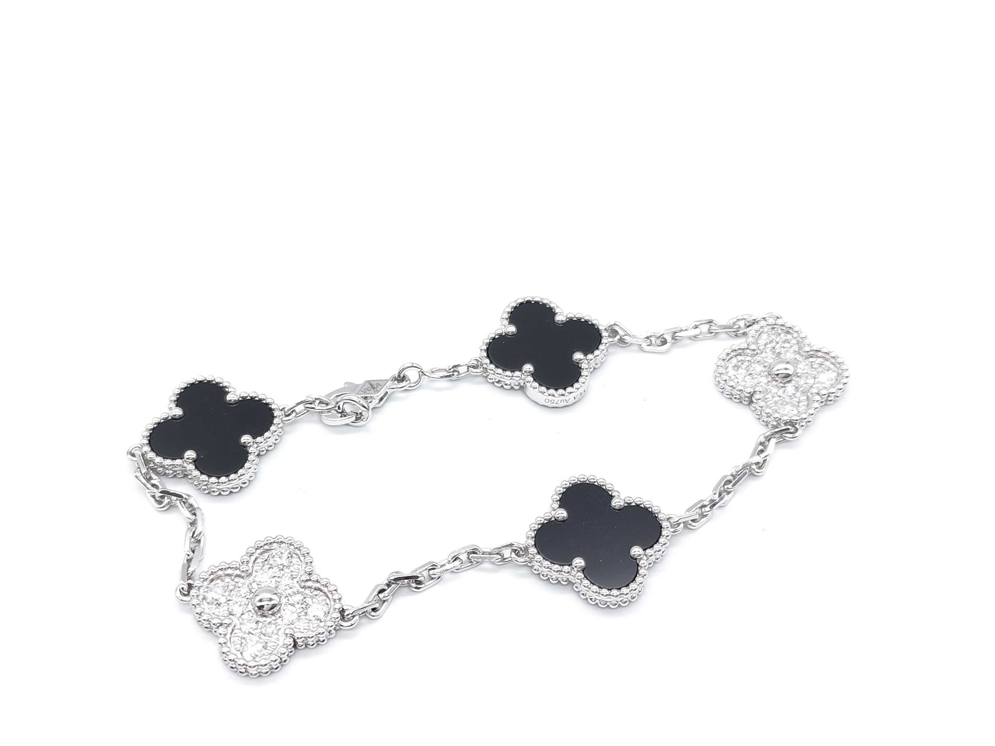 Van Cleef & Arpels Vintage Alhambra 5-Piece Onyx and Diamond Bracelet in WG Au750, 12.2g 