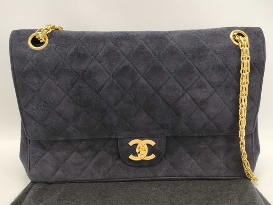 CHANEL Matelasse 28 Double Flap Double Chain Gold Hardware Black/Suede Shoulder Bag