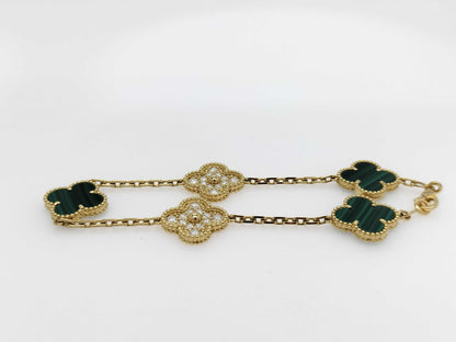 Van Cleef & Arpels Vintage Alhambra Malachite and Diamond Bracelet in Yellow Gold and Au750, 12.9g 