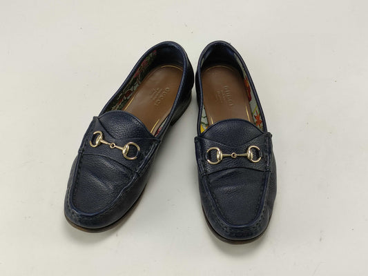 GUCCI Horsebit Loafers, Blue Leather, Floral Interior