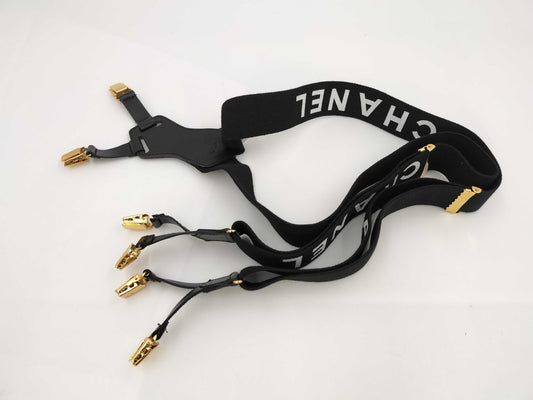 CHANEL Suspenders Logo Leather Black Other Accessories