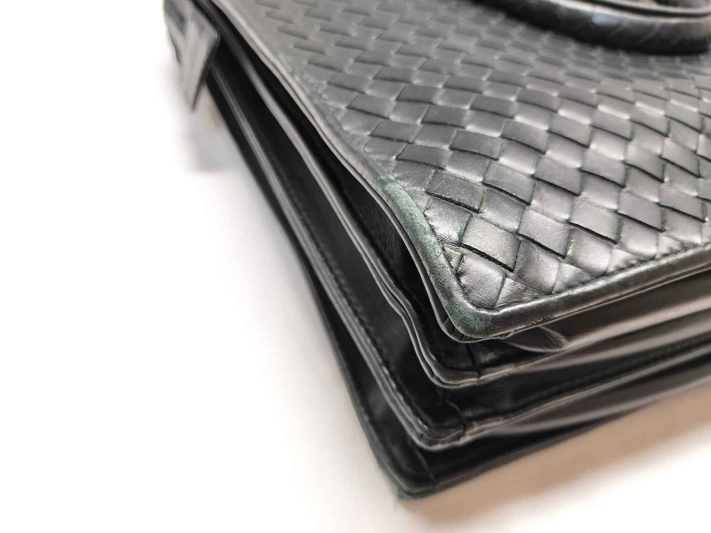BOTTEGA VENETA Intrecciato Business Bag/Black/Slightly Used/Corner Torn Business Bag