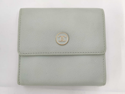 CHANEL Coco Button Tri-fold Wallet with Double Hook, Leather, Mint Blue