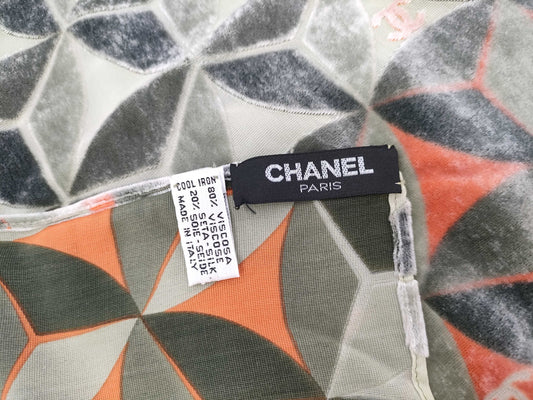 CHANEL Coco Velour Green Scarf Geometric Pattern Silk Scarf