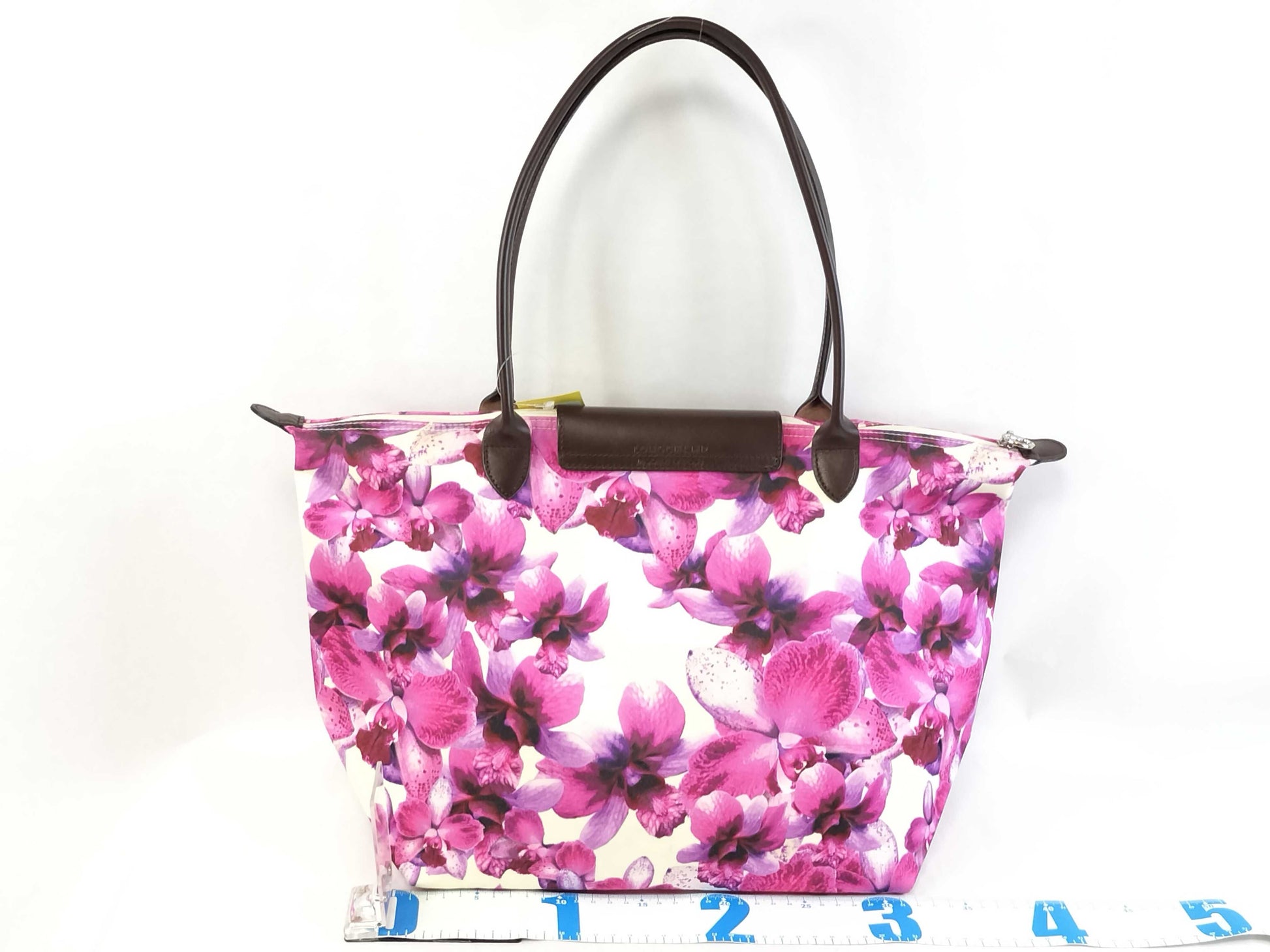 LONG CHAMP Le Pliage Floral Print Nylon and Leather Tote Bag
