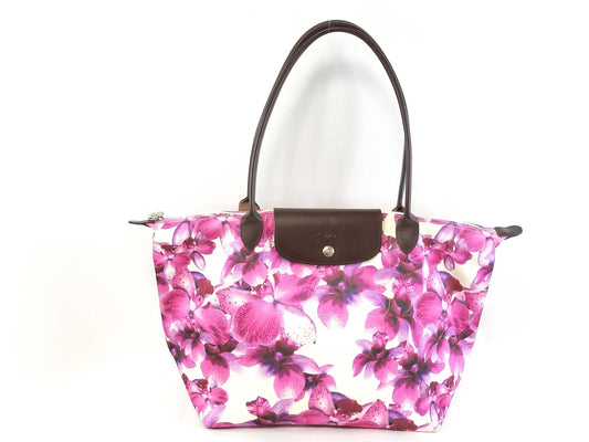 LONG CHAMP Le Pliage Floral Print Nylon and Leather Tote Bag