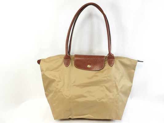 LONG CHAMP Le Pliage Beige Nylon and Leather Tote Bag