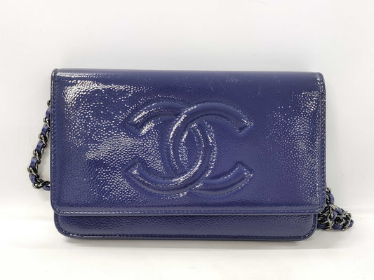 CHANEL Patent Chain Wallet Blue Shoulder Bag