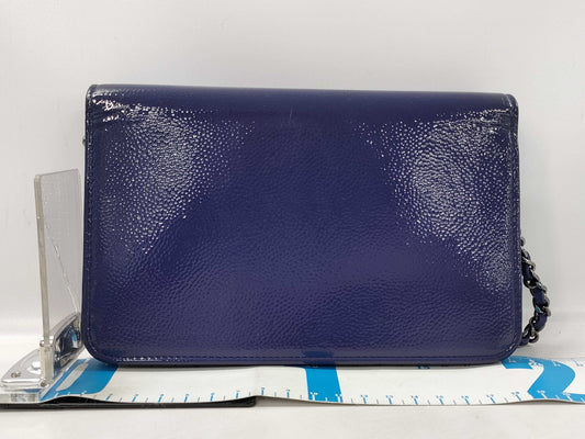 CHANEL Patent Chain Wallet Blue Shoulder Bag